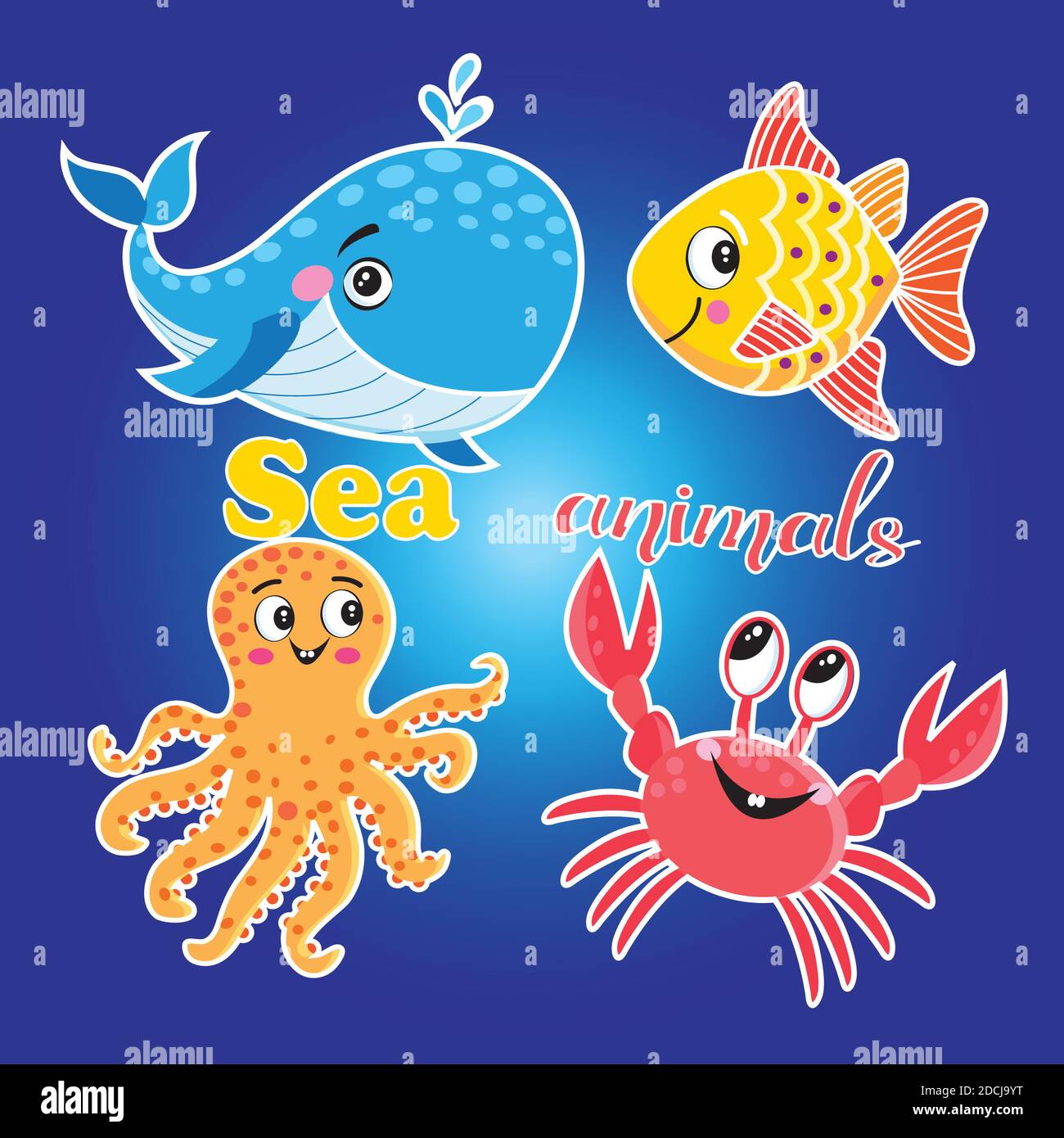 Vector bright set of illustrations with sea animals for children Stock Vector