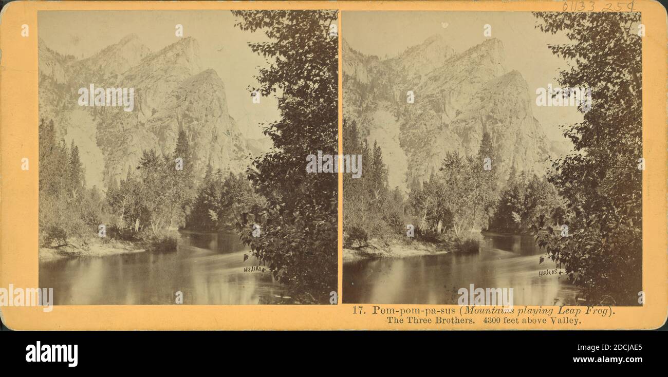 Pom-pom-pa-sus (mountains playing leap frog), The Three Brothers, 4,200 feet high above Valley., still image, Stereographs, 1868 - 1873, Muybridge, Eadweard (1830-1904 Stock Photo