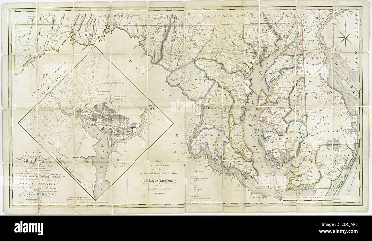 Map of the state of Maryland : laid down from an actual survey of all the principal waters, public roads, and divisions of the counties therein : describing the situation of the cities, towns, villages, houses of worship and other public buildings, furnaces, forges, mills, and other remarkable places, and of the Federal Territory : as also a sketch of the state of Delaware shewing the probable connexion of the Chesapeake and Delaware Bays, still image, Maps, 1795-06-06, Vallance, J. (John) (1770-1823), Griffith, Dennis, Thackara, James (1767-1848 Stock Photo