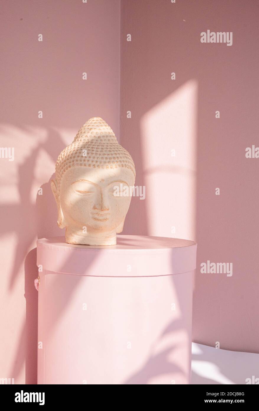 White Buddha bust on pastel pink background Stock Photo