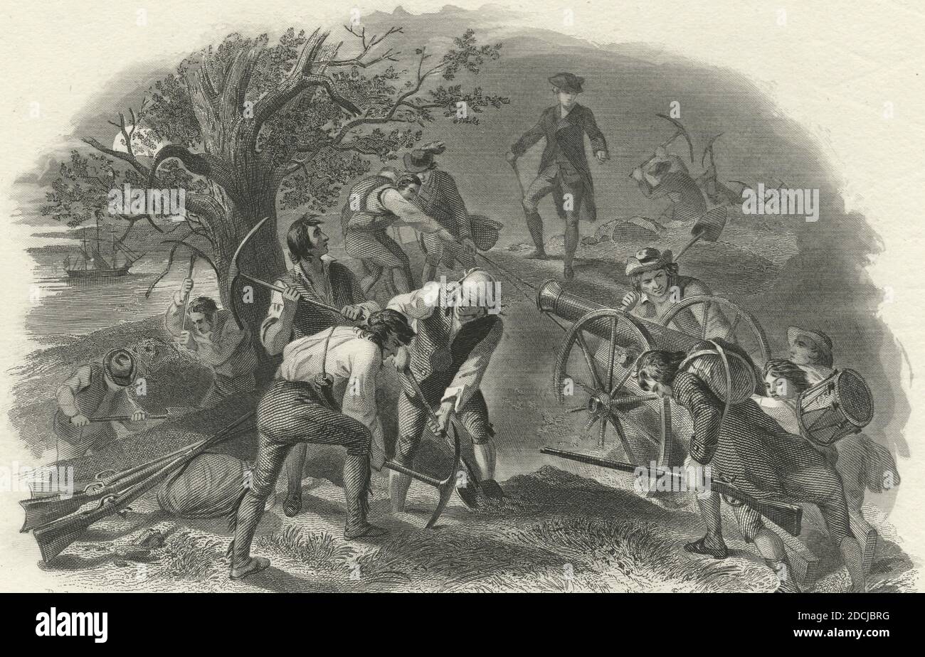 Fortifying Breed's Hill in the night June 16 1775., still image, Prints, 1777 - 1890, Hollyer, Samuel (1826-1919), Darley, Felix Octavius Carr (1822-1888 Stock Photo