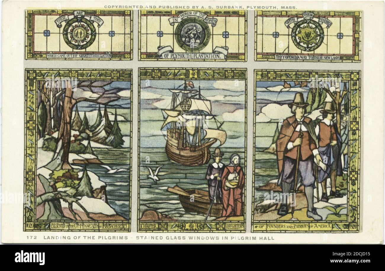 Landing of the Pilgrims - Stained Glass Windows in Pilgrim Hall, still image, Postcards, 1898 - 1931 Stock Photo