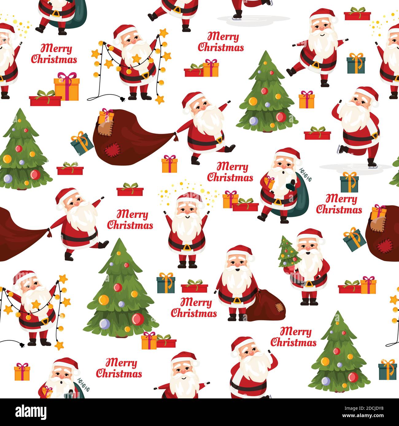 Merry Christmas seamless pattern with Santa Claus, tree and gifts in ...