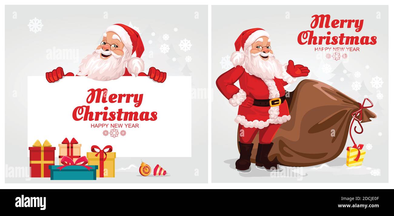 set of postcards. Merry Santa Claus and Christmas tree stands behind a large banner Stock Vector