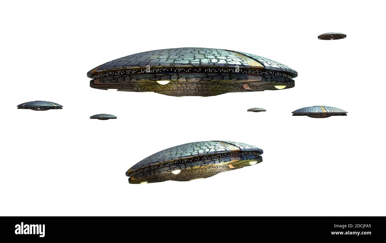 3D illustrations of an UFO in several images adjusted for perspective, for science fiction artwork or interstellar deep space travel. Clipping path in Stock Photo