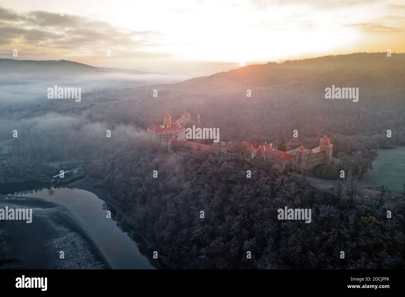 Aerial view of the large beautiful Moravian royal castle Veveri (Burg ...