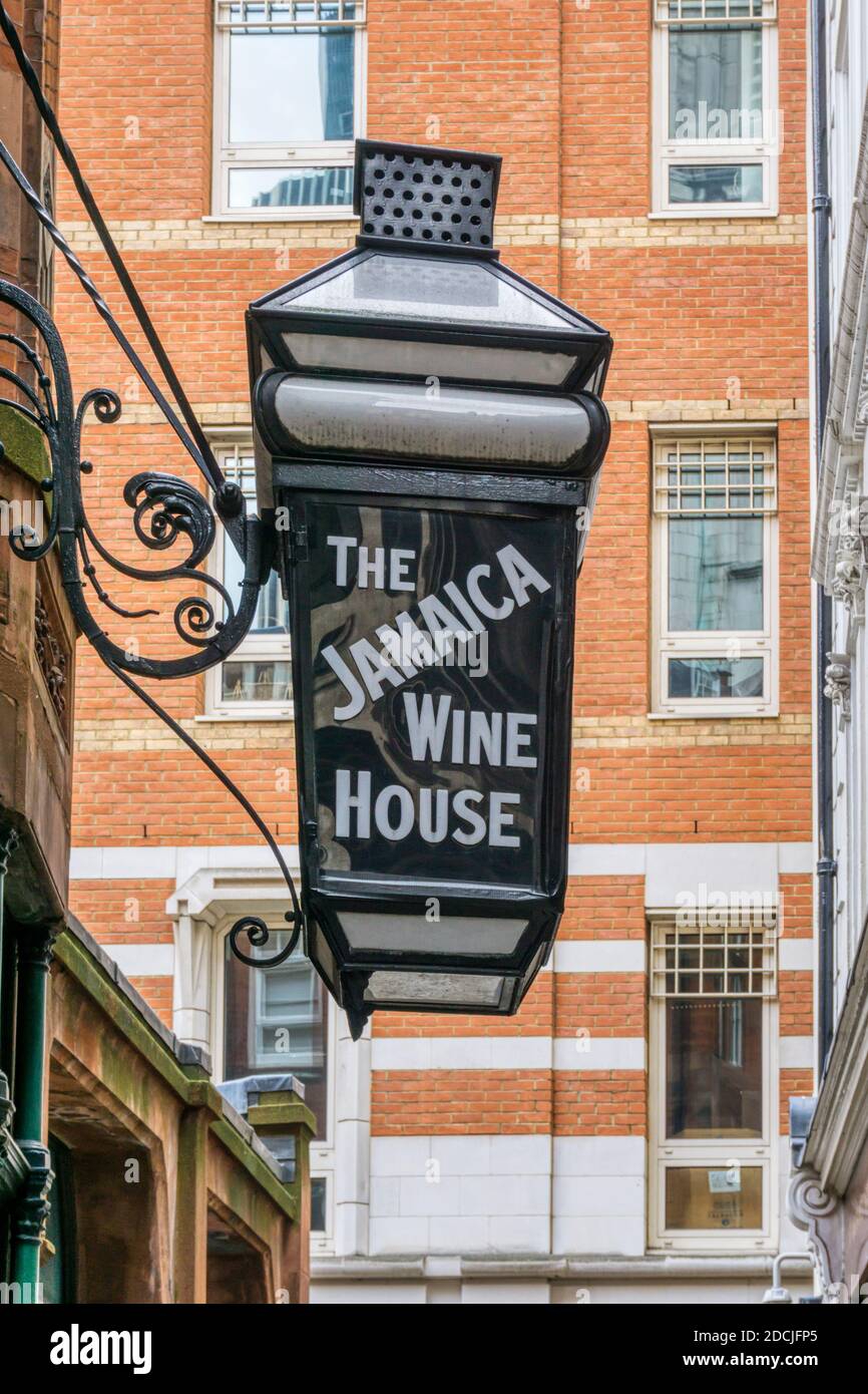 The sign for The Jamaica Wine House in St Michael's Alley in the City of London. It was the first coffee house in London. Stock Photo