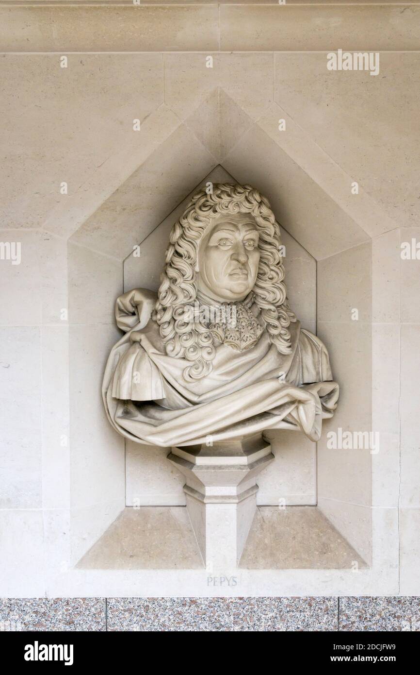 A modern bust of Samuel Pepys outside the Guildhall Art Gallery, City of London. Stock Photo
