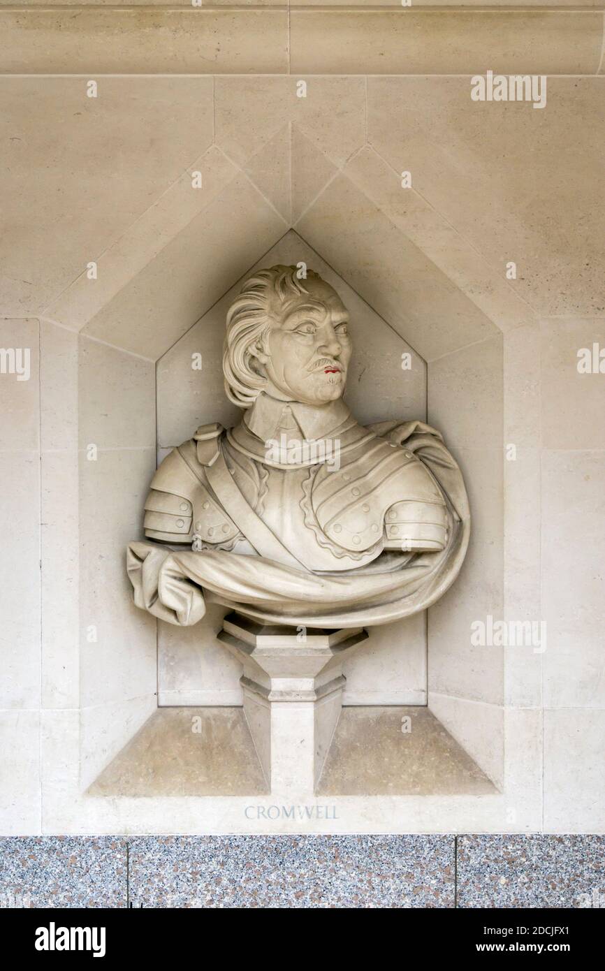 A modern bust of Oliver Cromwell outside the Guildhall Art Gallery, City of London. Stock Photo