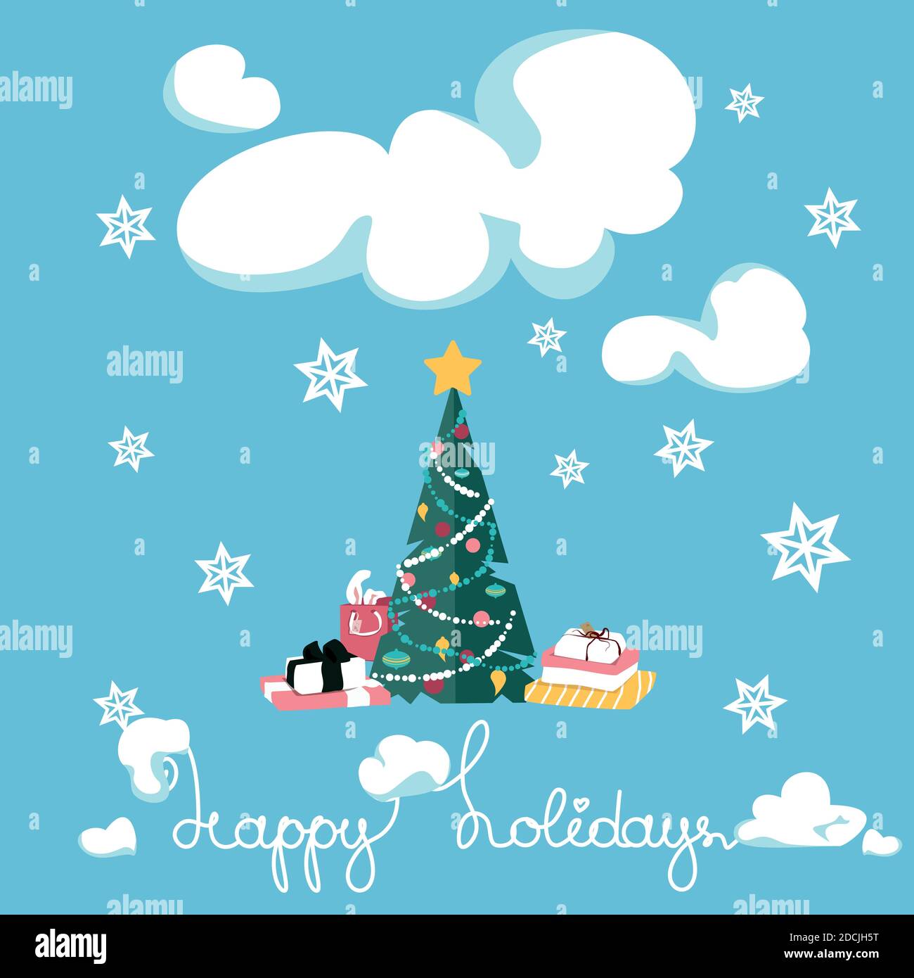 Christmas Tree under Snow Cloud on Blue Background Stock Vector
