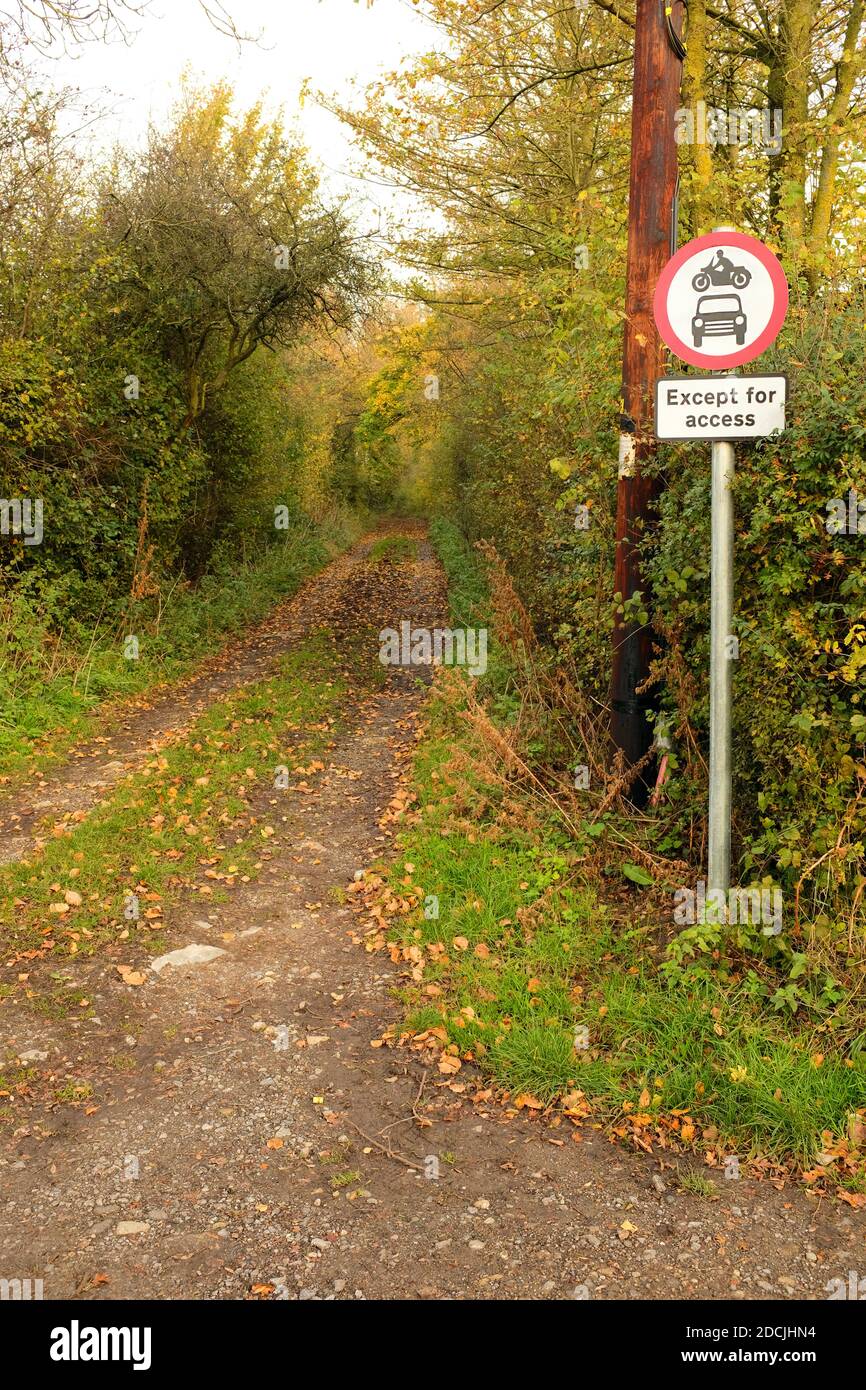 November 2020 - Narrow by way lane restricted use by motorised vehicles Stock Photo
