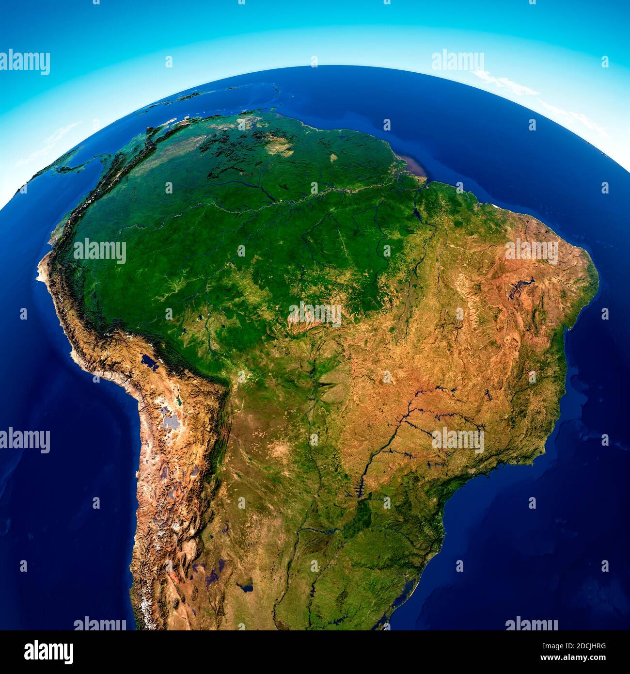 Satellite view of the Amazon rainforest, map, states of South America, reliefs and plains, physical map. Forest deforestation. 3d render Stock Photo