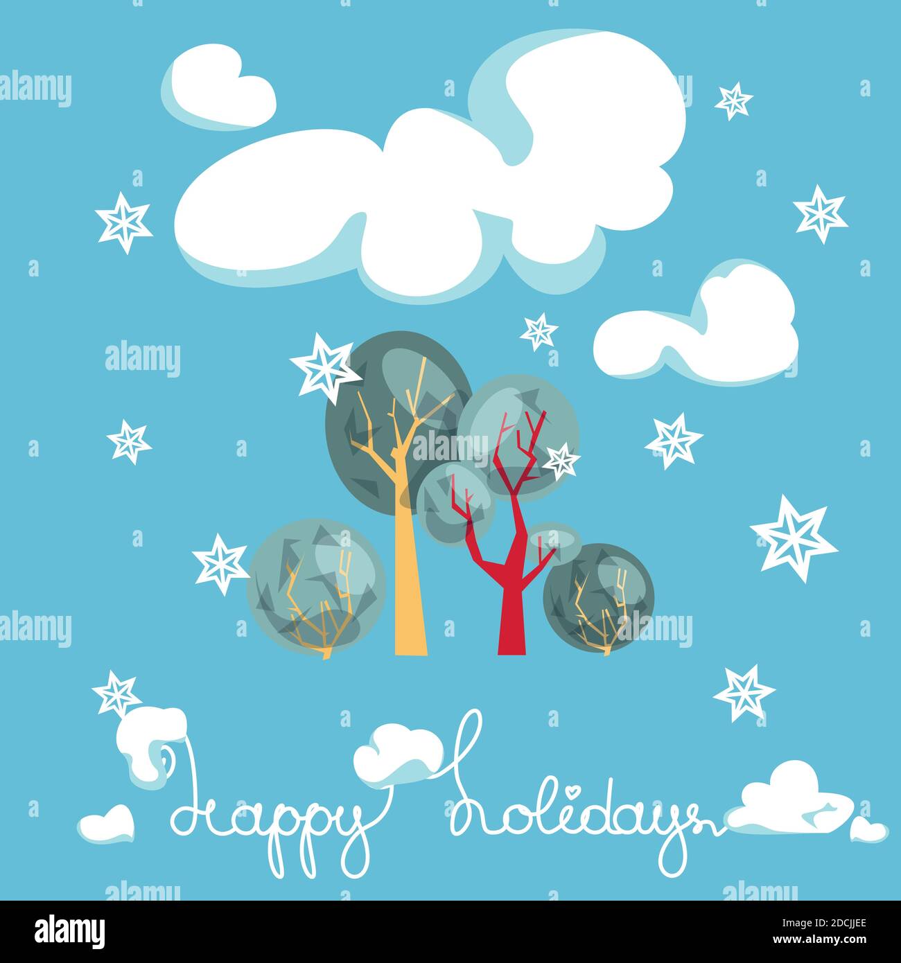 Winterly Trees under Snow Cloud on Blue Background Stock Vector
