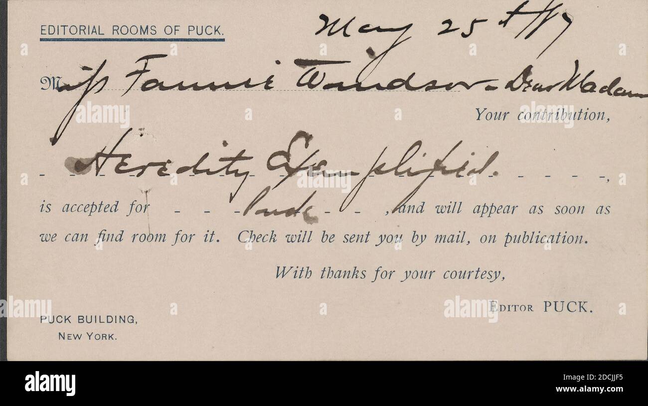 Windsor, Fannie, text, Correspondence, 1887 - 1889 Stock Photo