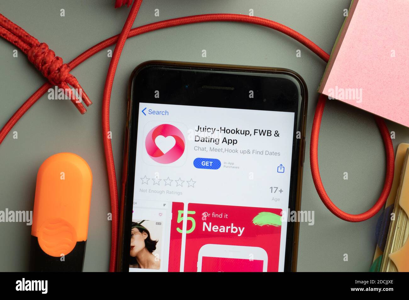 New York, United States - 7 November 2020: Juicy Hookup FWB Dating app store logo on phone screen, Illustrative Editorial. Stock Photo