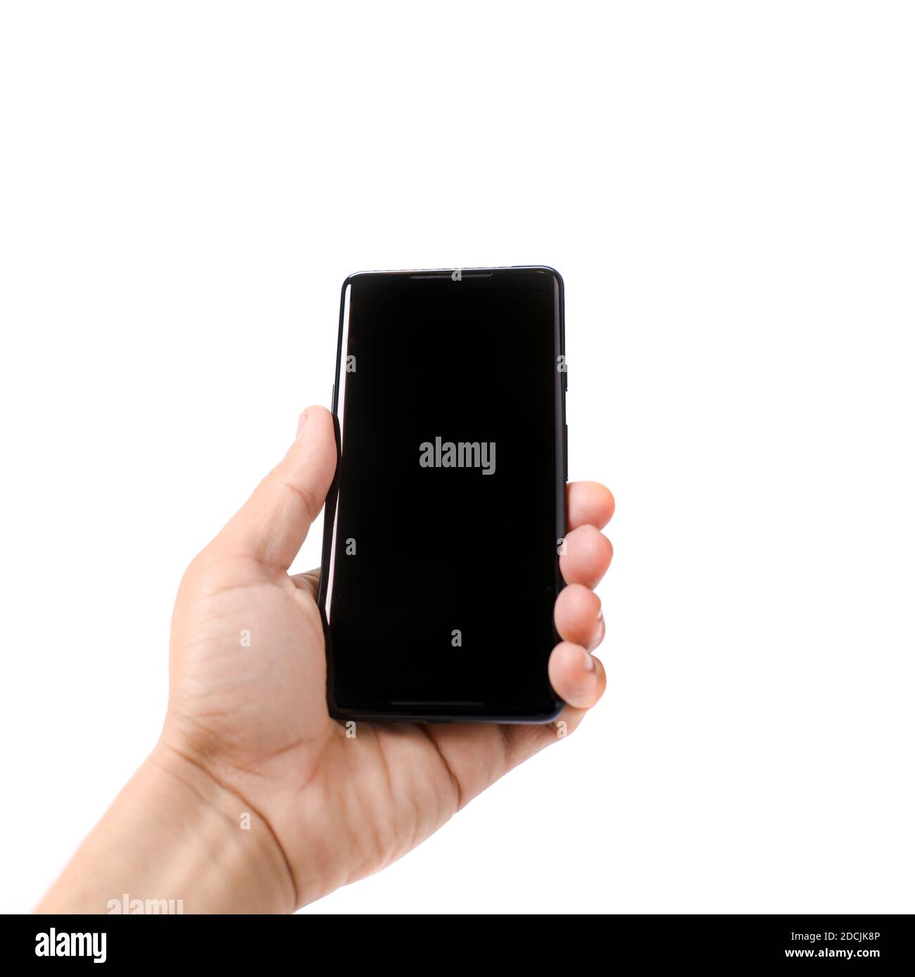 Male hand holding a smartphone with black screen isolated on white ...