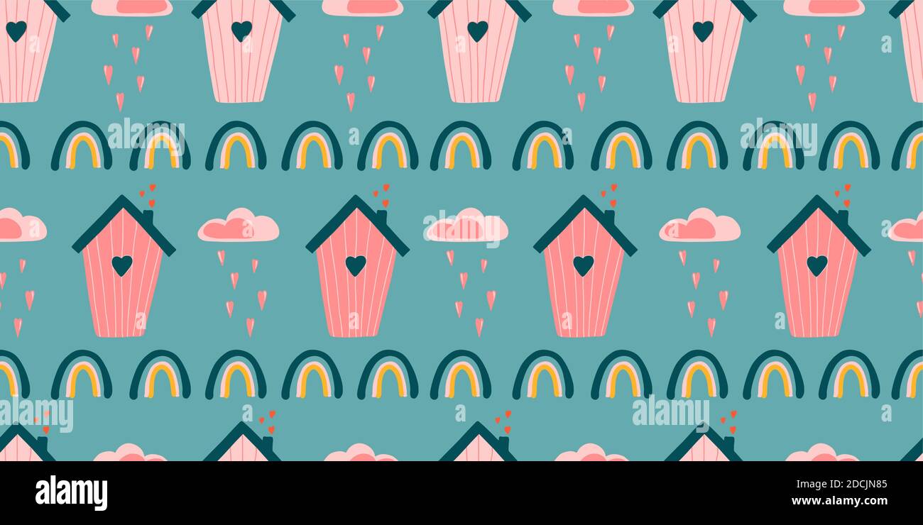 Cute love pattern. Abstract seamless pattern of love. Valentine's Day wrapping paper. Girly repeating background with birdhouses. Romantic wallpaper f Stock Vector