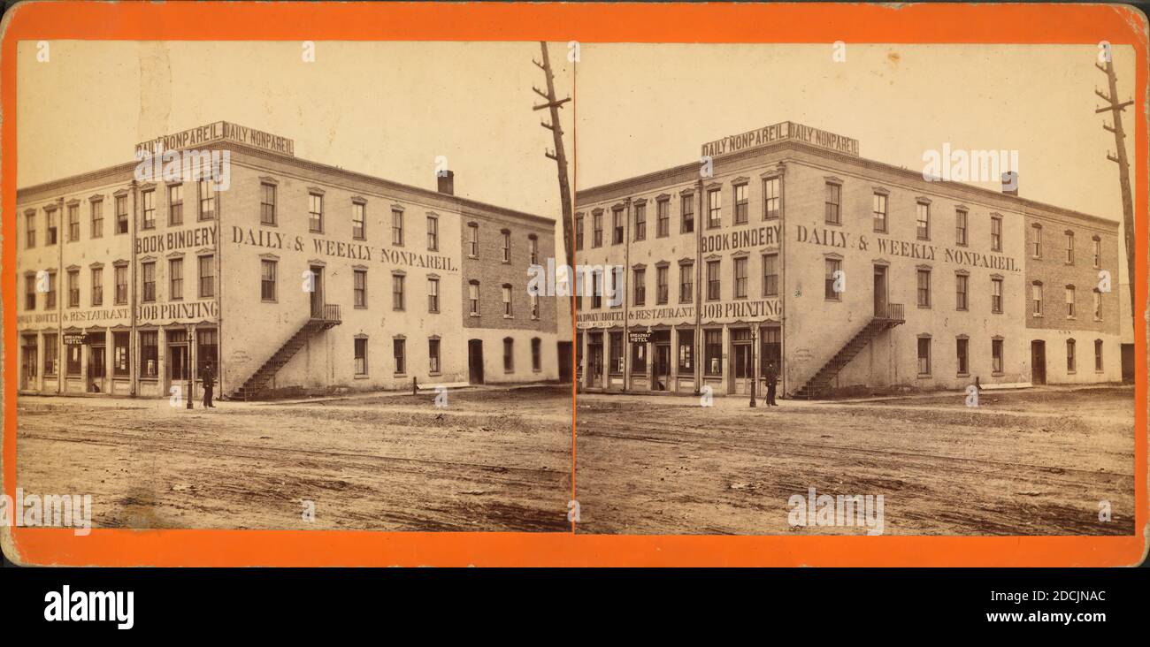 View of a building containing the Daily Nonpareil and a job printer ...
