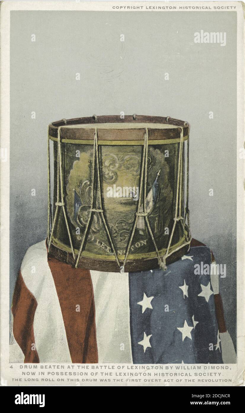 Drum Beaten at the Battle of Lexington by William Dimond, Now in Possesion of the Lexington Historical Society. The Long Roll on This Drum was the First Overt Act of the Revolution, still image, Postcards, 1898 - 1931 Stock Photo