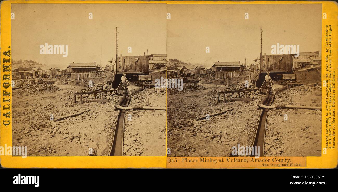 Placer Mining at Volcano, Amador County, The dump and sluice., still image, Stereographs, 1863 - 1868 Stock Photo