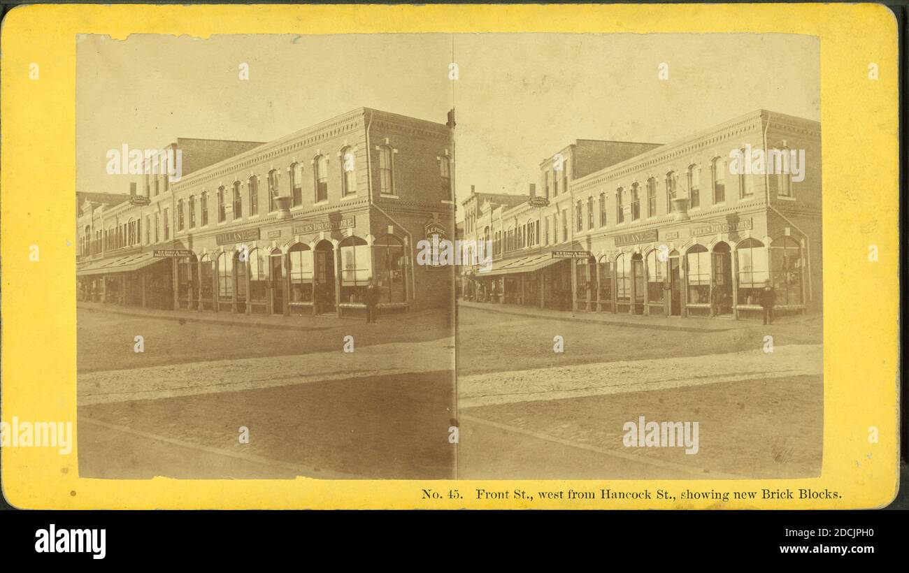 Front Street, west from Hancock St., showing new brick blocks., still image, Stereographs, 1850 - 1930, Procter Brothers Stock Photo