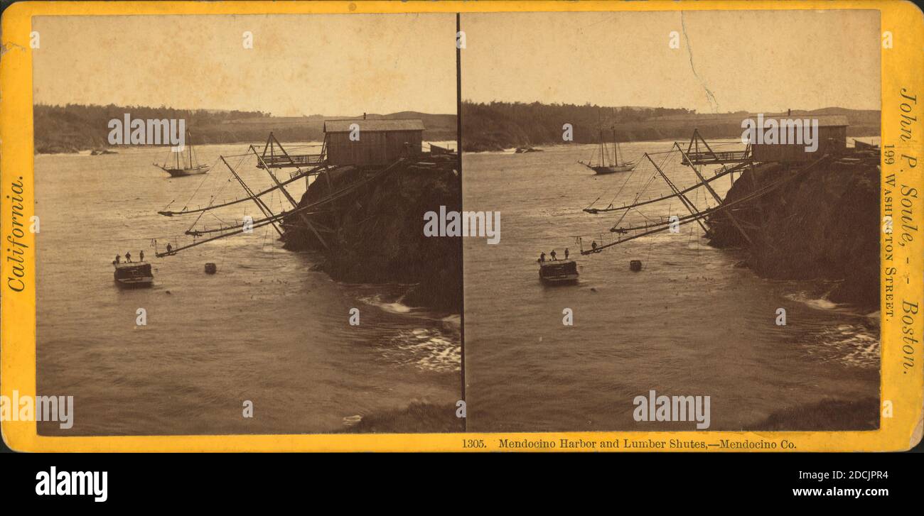 Mendocino Harbor and Lumber Shutes, Mendocino Co., still image, Stereographs, 1875, Soule, John P. (1827-1904 Stock Photo