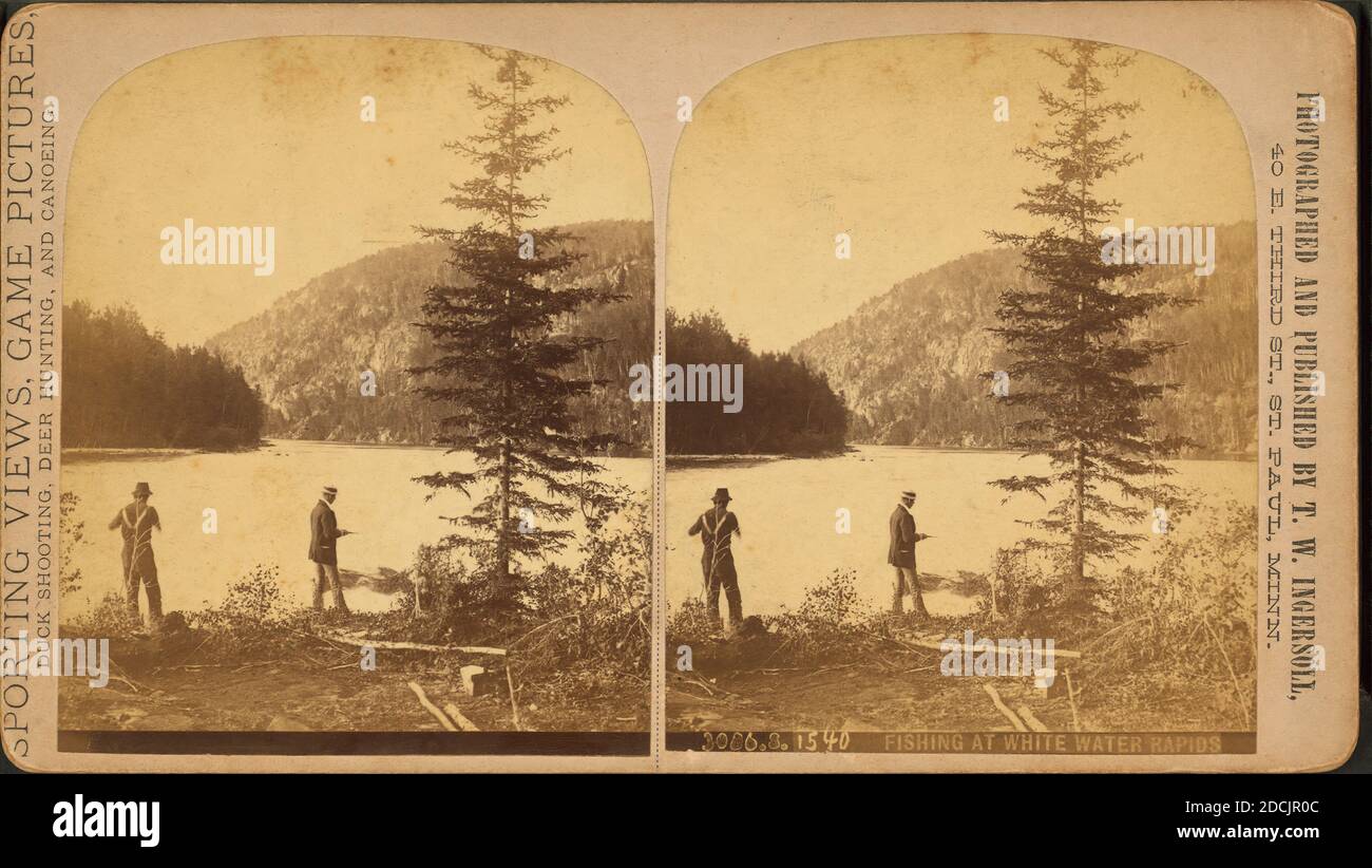 Fishing at white water rapids., still image, Stereographs, 1850 - 1930, Ingersoll, T. W. (Truman Ward) (1862-1922 Stock Photo