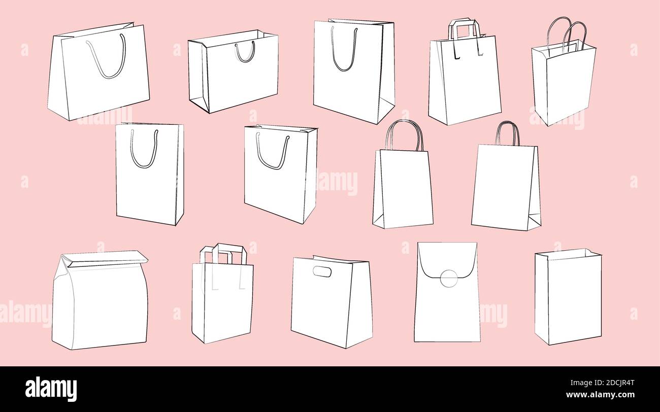 Vector Isolated Set of Different Paper Bags or Take Away Boxes Stock