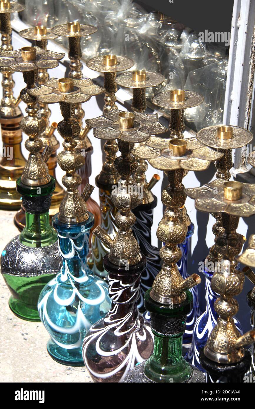 Hookahs in the market. Traditional arabic shisha pipes hookah. Water