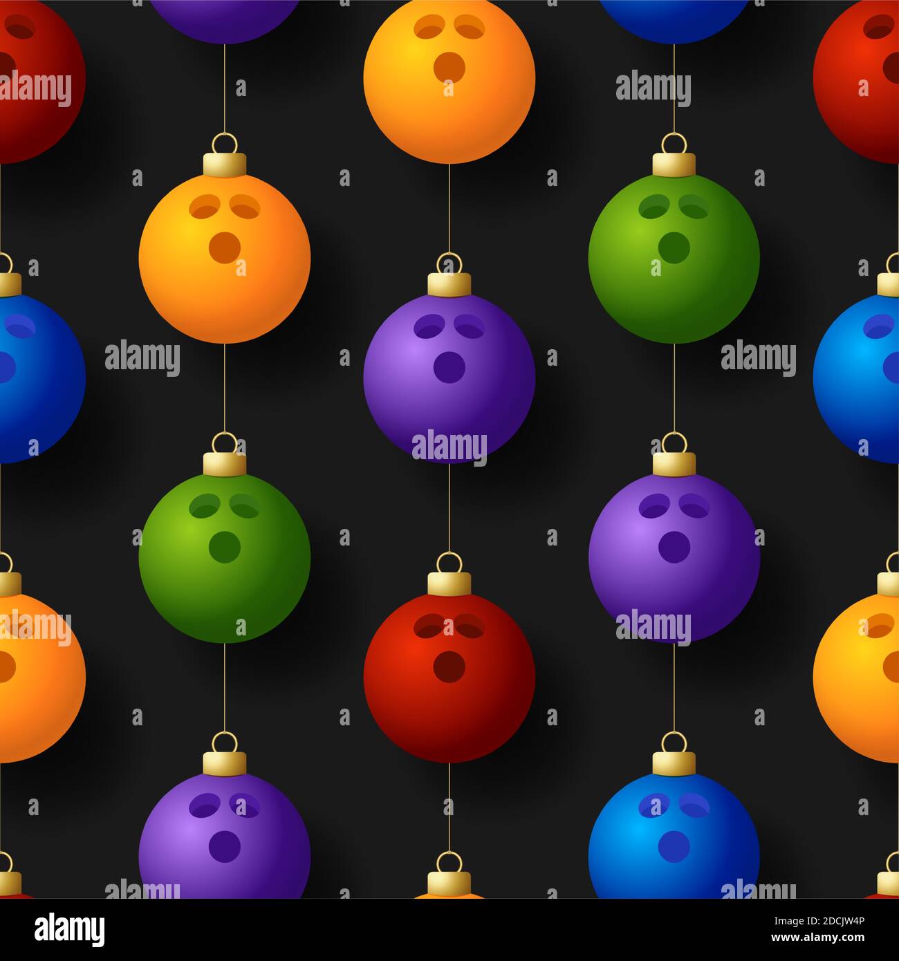 Merry Christmas bowling seamless pattern. Hang on a thread realistic bowling ball as a Christmas