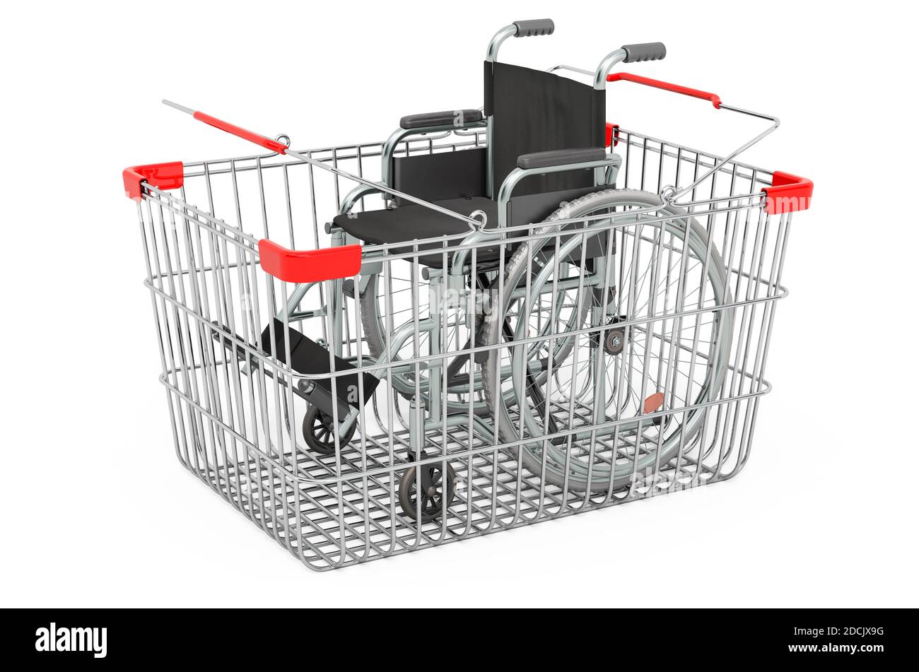 Shopping basket with manual wheelchair, 3D rendering isolated on white background Stock Photo