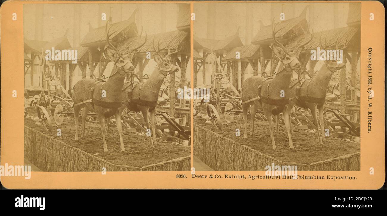 Deere & Co. exhibit, Columbian Exposition. [Showing deer pulling farm implements], still image, Stereographs, 1893, Kilburn, B. W. (Benjamin West) (1827-1909 Stock Photo