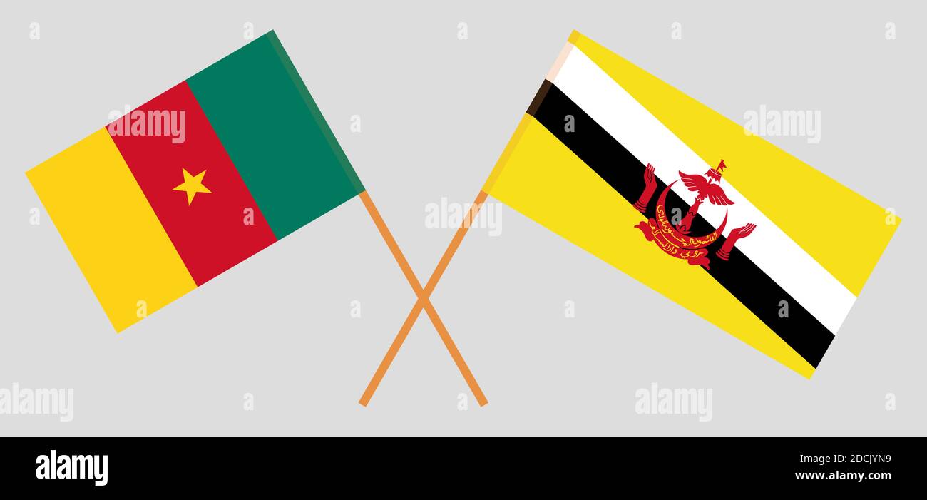 Crossed flags of Brunei and Cameroon. Official colors. Correct proportion. Vector illustration Stock Vector