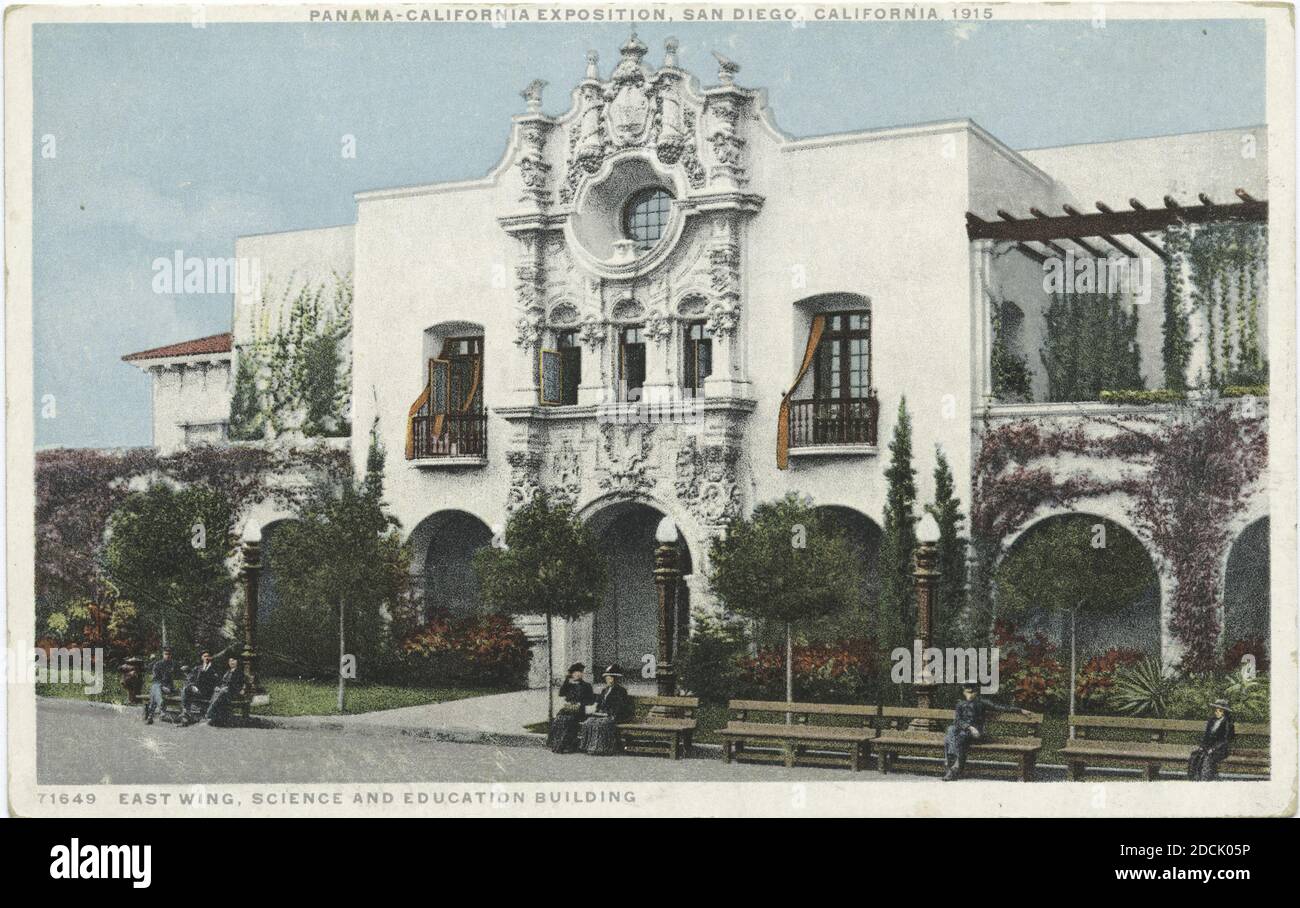 East Wing, Science & Education Bldg. Pan-Calif. Expos, SD, still image, Postcards, 1898 - 1931 Stock Photo