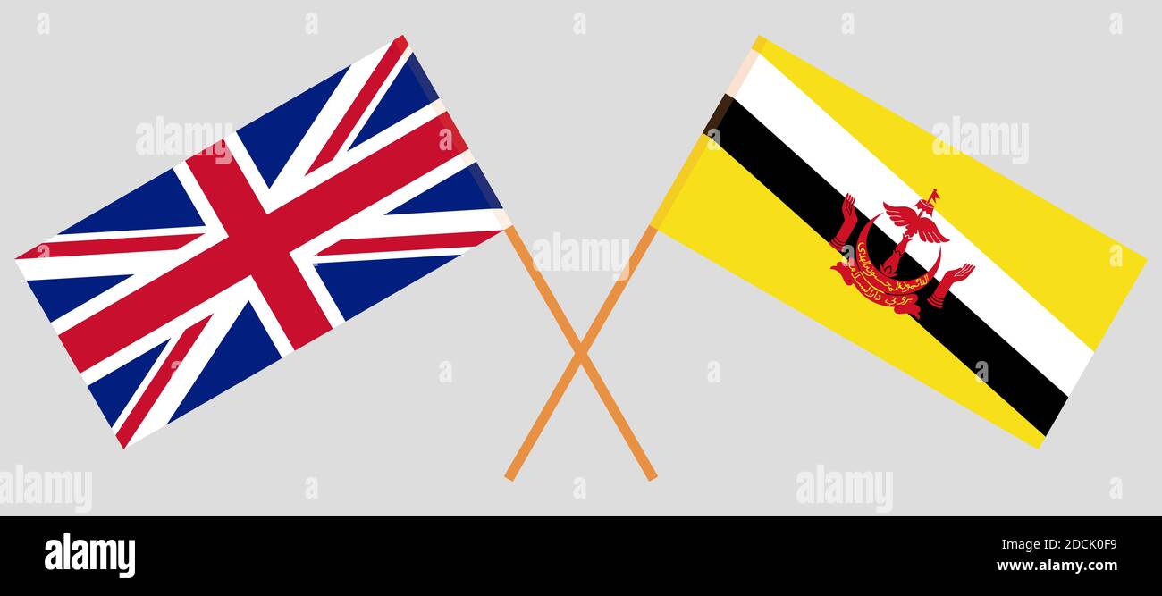 Crossed flags of Brunei and the UK. Official colors. Correct proportion. Vector illustration Stock Vector