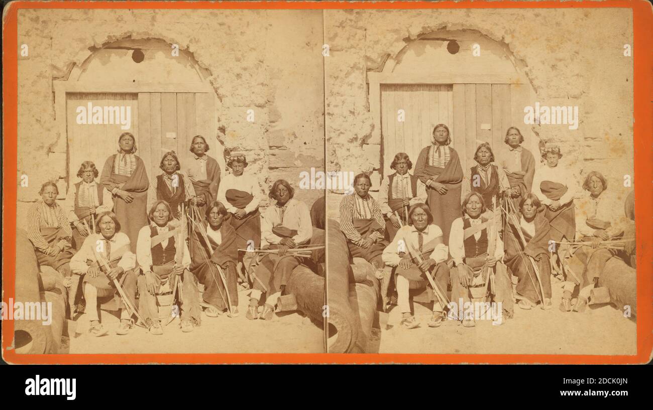 Group of Kiowa and Caddoe [sic] Indians, in native costume, confined in Fort Marion. St. Augustine, Florida., still image, Stereographs, 1875, Wilson & Havens Stock Photo