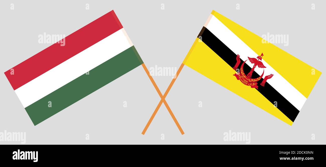 Crossed flags of Brunei and Hungary. Official colors. Correct proportion. Vector illustration Stock Vector