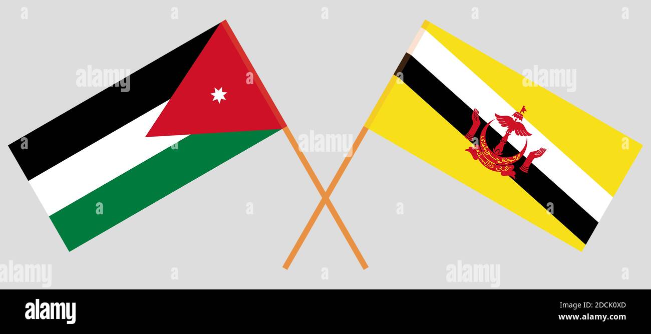 Crossed flags of Brunei and Jordan. Official colors. Correct proportion. Vector illustration Stock Vector