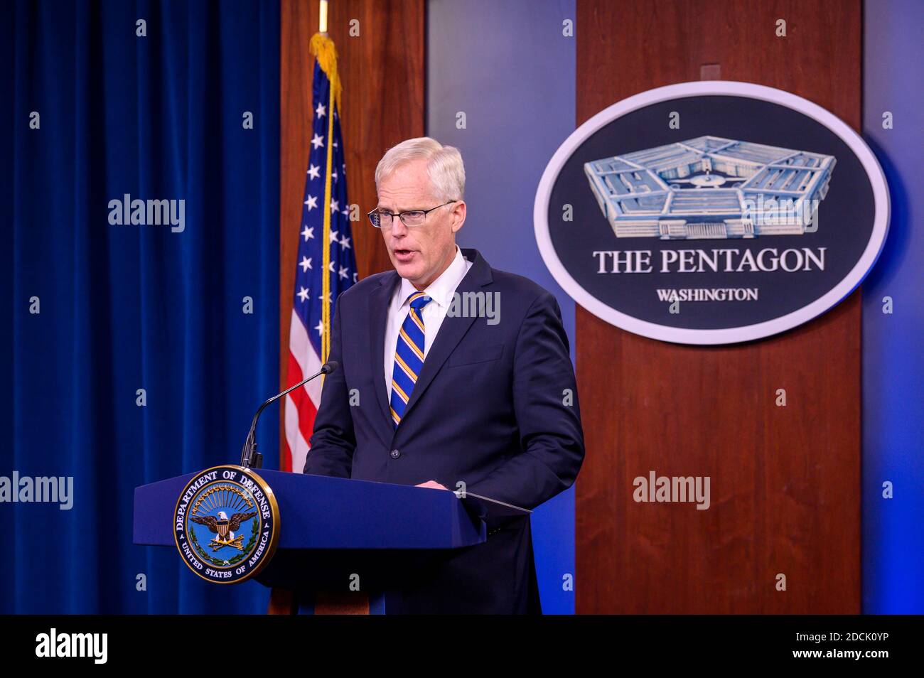U.S. Acting Secretary of Defense Christopher Miller speaks during a press briefing at the Pentagon November 17, 2020 in Arlington, Virginia. Stock Photo