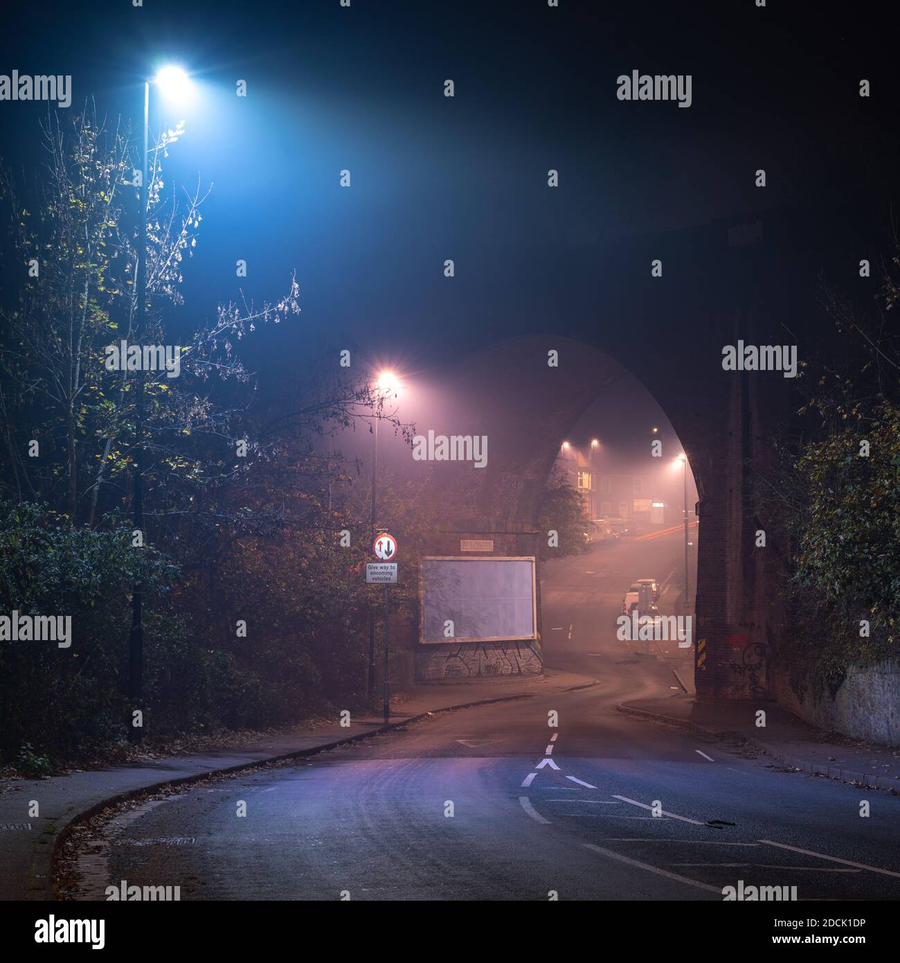Royate Hill Viaduct is shrouded in mist and smog on bonfire night in Eastville, Bristol. Stock Photo