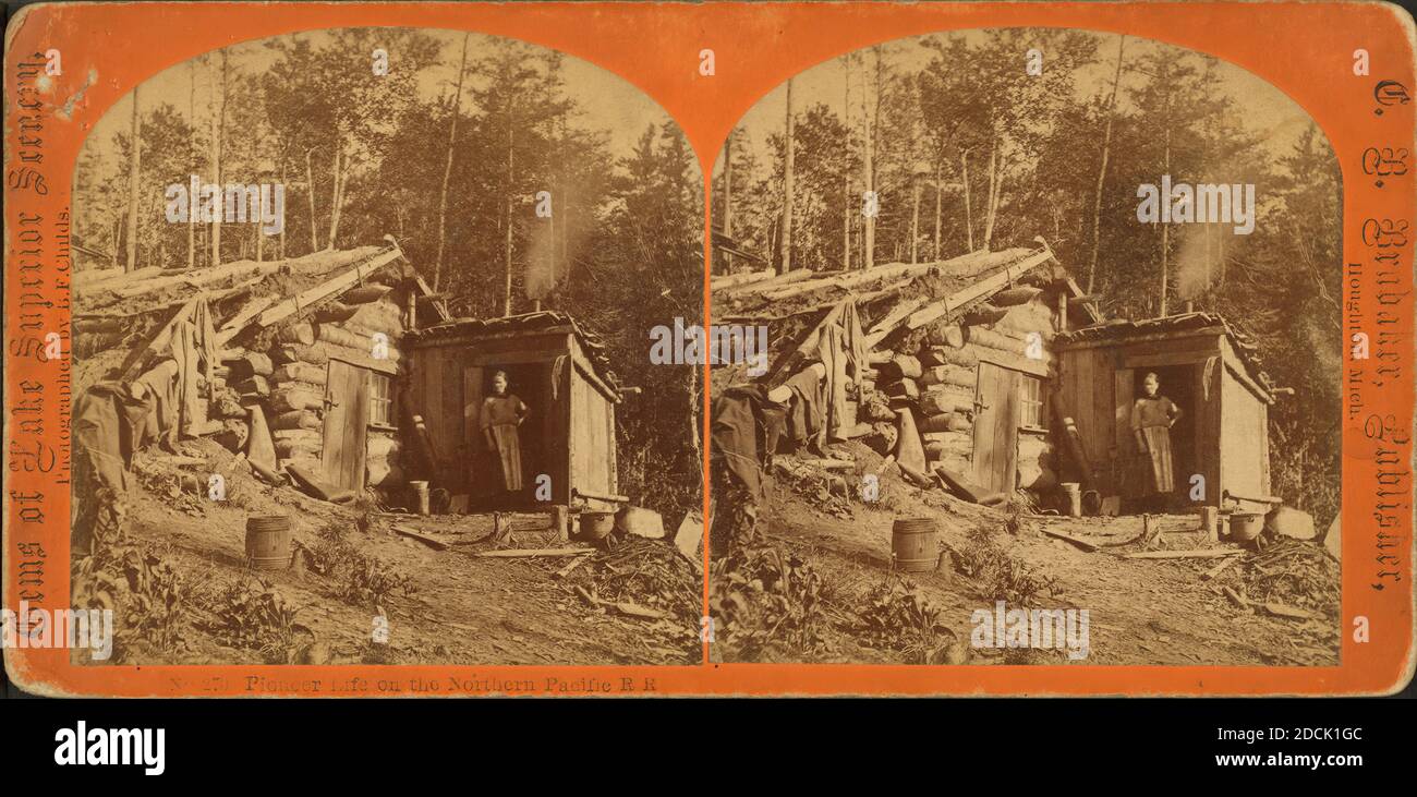 Woman stands in doorway of log cabin on the Northern Pacific Road., still image, Stereographs, 187, Childs, B. F. (Brainard F.) (ca. 1841-1921 Stock Photo