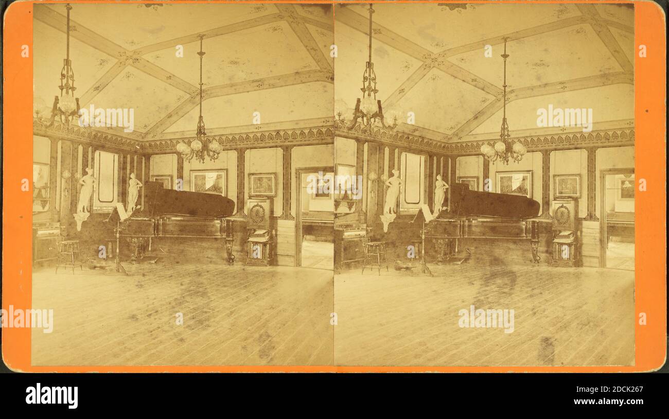 Interior of large room with piano, statues, benches and chairs lining it., still image, Stereographs, 1850 - 1930, White, T. E. M Stock Photo