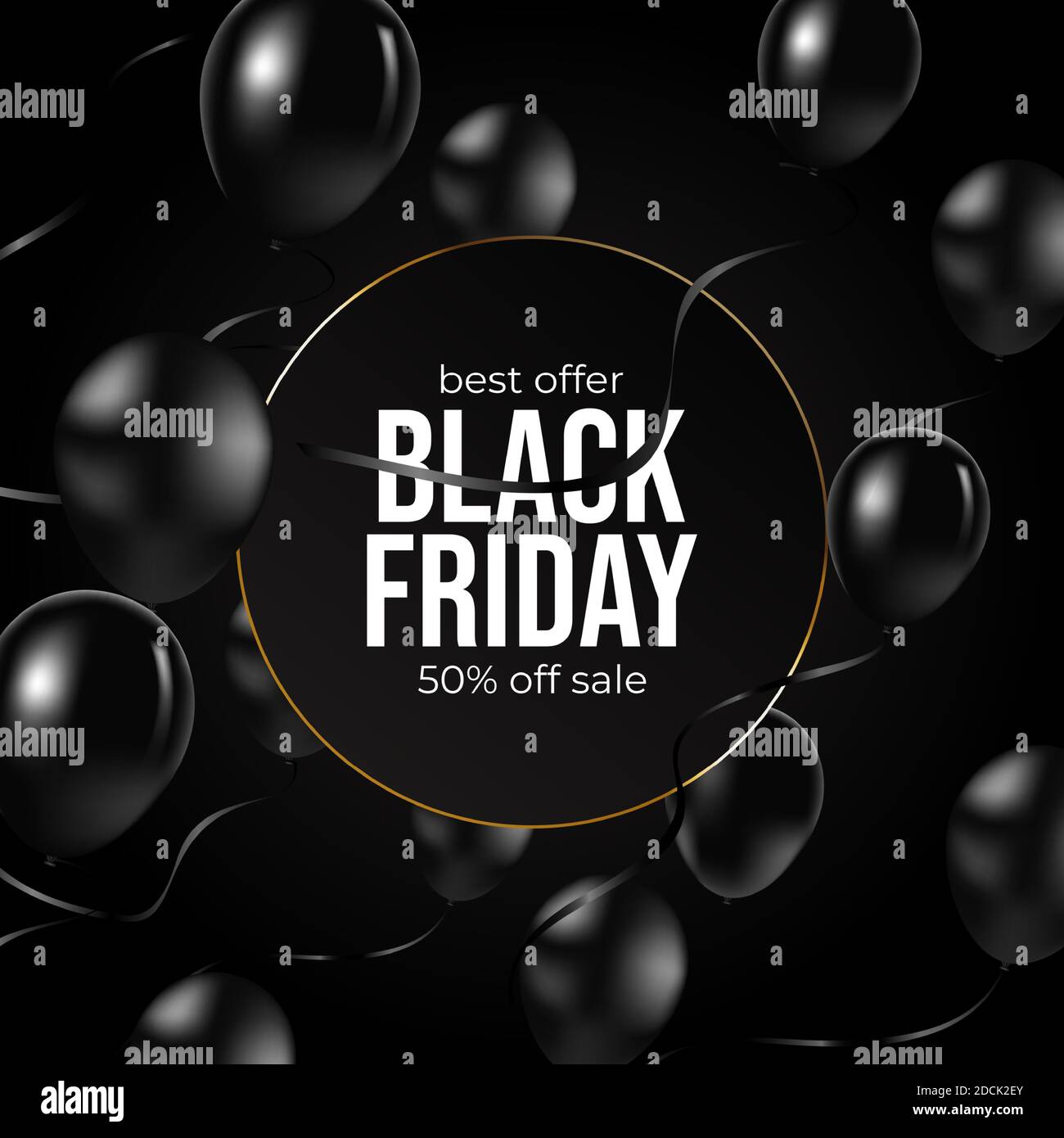 Black Friday banner. Golden text on black square with gold frame. Black luxury leather pattern background. Vector illustration. Stock Vector