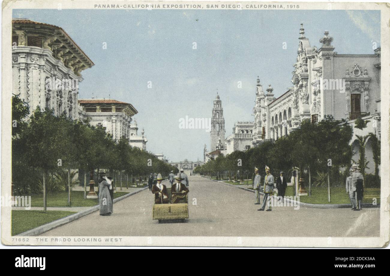 The Prado, Looking West, Pan-Calif. Expos, SD, still image, Postcards, 1898 - 1931 Stock Photo