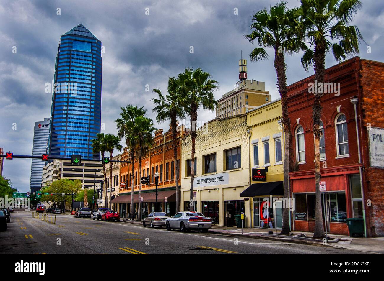 Jacksonville, FL--Mar 18, 2018; Downtown shows a mix of historic and modern architecture along palm tree bordered streets Stock Photo