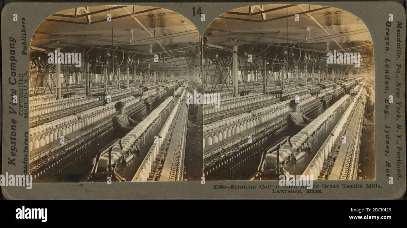 Spinning cotton yarn in the great textile mills, Lawrence, Mass., still image, Stereographs, 1850 - 1930 Stock Photo