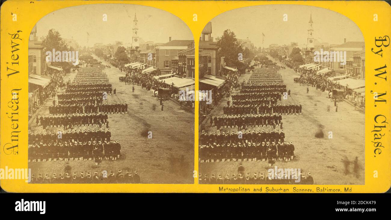 Military parade, marching in column, Broadway., still image, Stereographs, 1880, Chase, W. M. (William M.) (ca. 1818-1901 Stock Photo