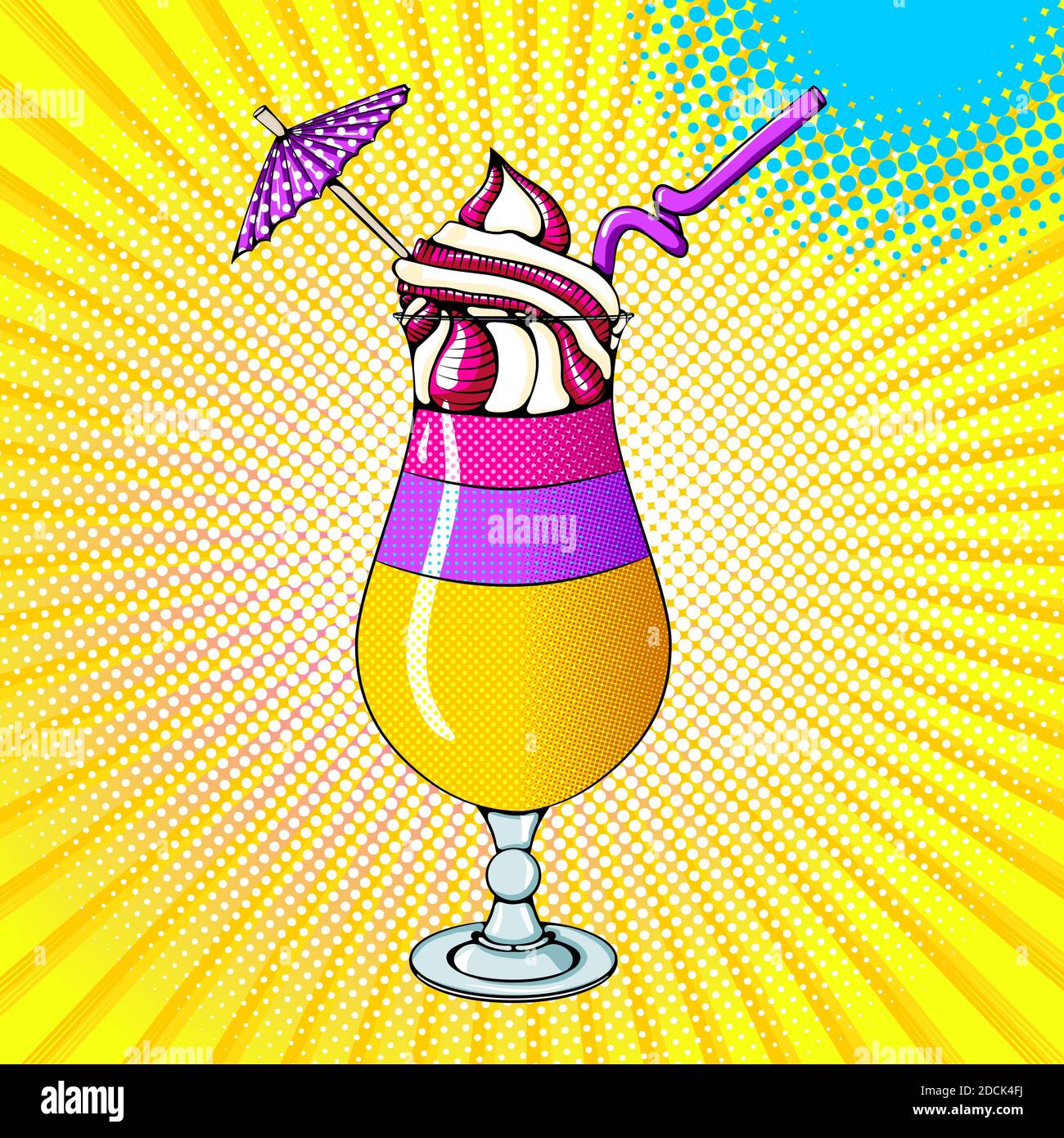 Vector bright colored background in Pop Art style. Illustration with exotic cocktail in a glass with an umbrella. Retro comic style Stock Vector