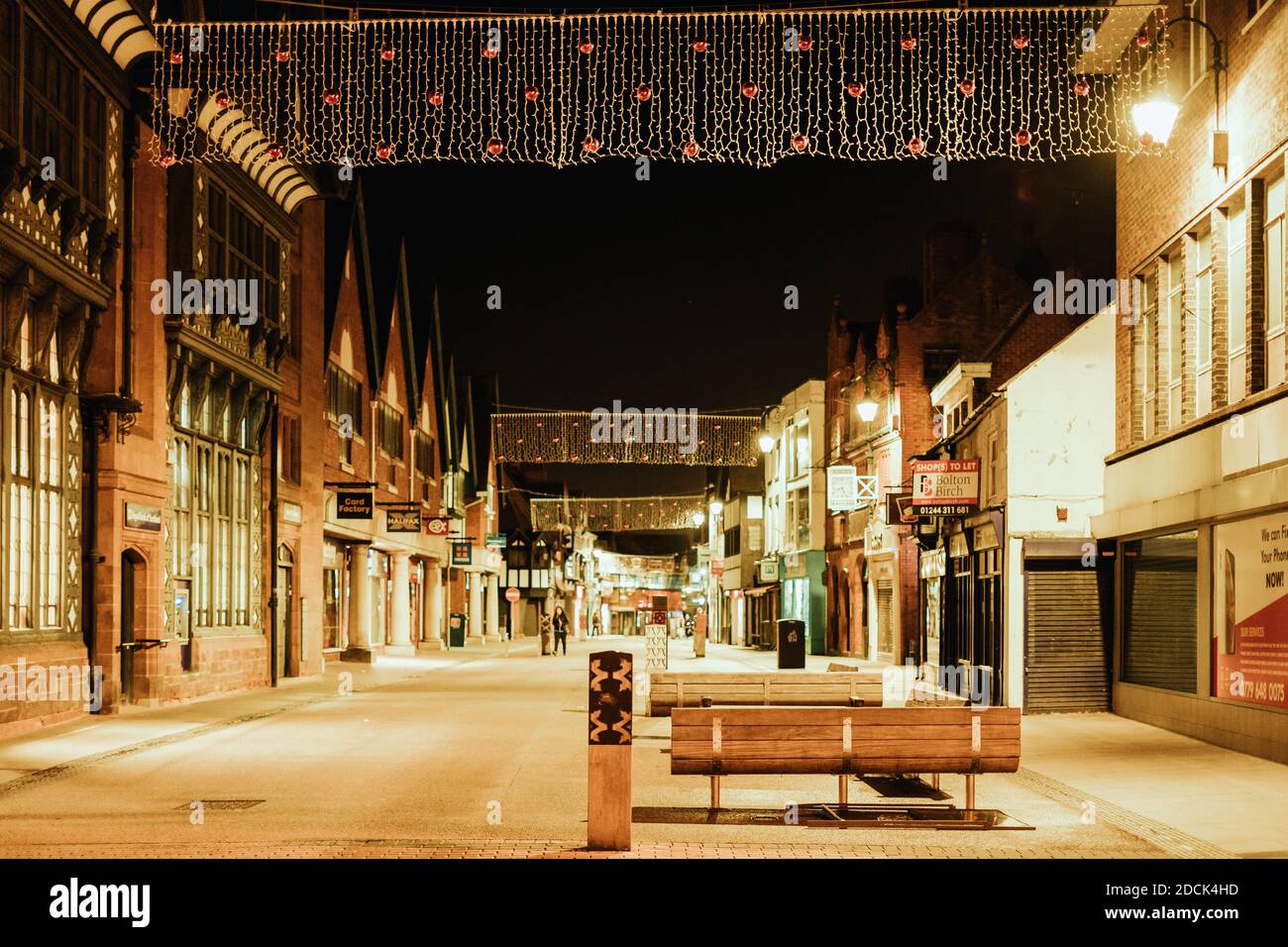 A very quiet Frodsham Street, Chester, at night with Christmas decorations Stock Photo
