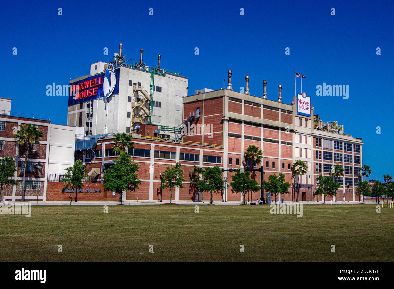 Jacksonville, FL--Mar 18, 2018; view of coffee roasting factory downtown with iconic Maxwell House coffee cup sign on the side of the building Stock Photo